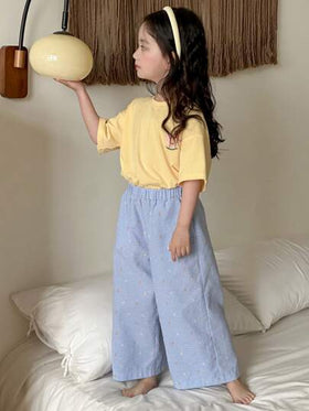 Dazy Kids طقم ملابس فتاة شابة للخريف: تي شيرت قصير الأكمام برقبة دائرية مطبوع ذو تصميم شامل + بنطال طويل مطبوع بالكامل ملابس منزلية رمضان