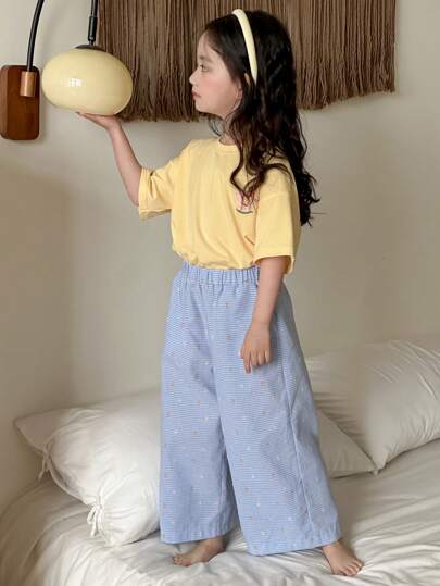Dazy Kids طقم ملابس فتاة شابة للخريف: تي شيرت قصير الأكمام برقبة دائرية مطبوع ذو تصميم شامل + بنطال طويل مطبوع بالكامل ملابس منزلية رمضان
