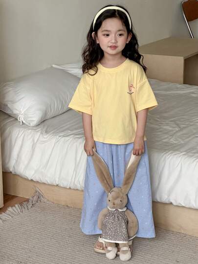 Dazy Kids طقم ملابس فتاة شابة للخريف: تي شيرت قصير الأكمام برقبة دائرية مطبوع ذو تصميم شامل + بنطال طويل مطبوع بالكامل ملابس منزلية رمضان