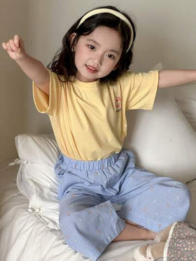 Dazy Kids طقم ملابس فتاة شابة للخريف: تي شيرت قصير الأكمام برقبة دائرية مطبوع ذو تصميم شامل + بنطال طويل مطبوع بالكامل ملابس منزلية رمضان