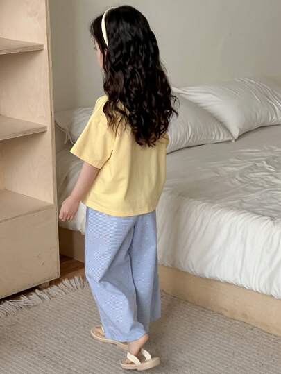Dazy Kids طقم ملابس فتاة شابة للخريف: تي شيرت قصير الأكمام برقبة دائرية مطبوع ذو تصميم شامل + بنطال طويل مطبوع بالكامل ملابس منزلية رمضان