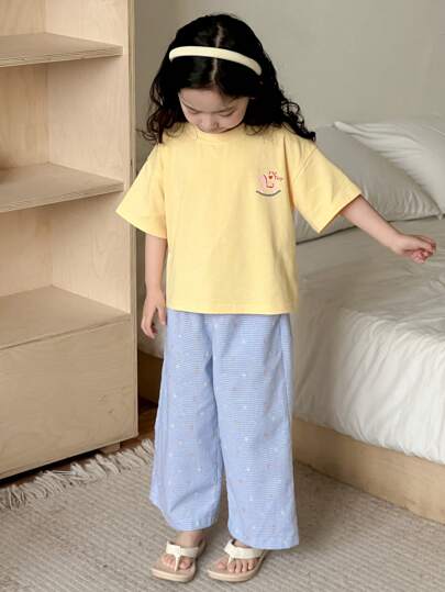 Dazy Kids طقم ملابس فتاة شابة للخريف: تي شيرت قصير الأكمام برقبة دائرية مطبوع ذو تصميم شامل + بنطال طويل مطبوع بالكامل ملابس منزلية رمضان