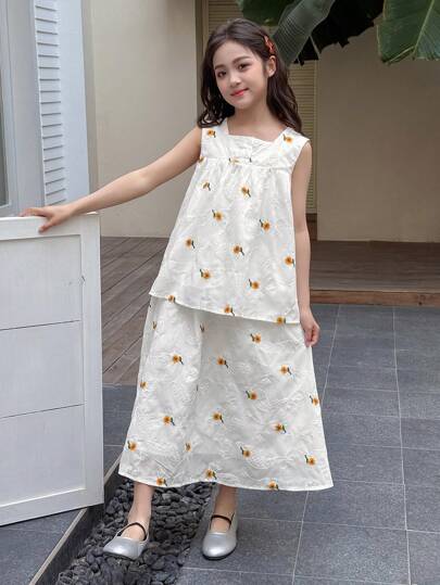 girls-sets DAZY مجموعة تشكيلة للفتاة المراهقة تتكون من ملابس علوية بحاشية مربعة وبدون أكمام مطرز وتنورة، صيفية