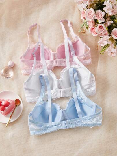 Shein Underwear&Sleepwear Basics 3 قطعة/مجموعة ملابس داخلية للنساء بتصميم بسيط، سُتيرة مقوية، ملابس داخلية رومانسية فرنسية دانتيل مثيرة رداء داخلي