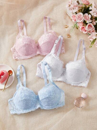 Shein Underwear&Sleepwear Basics 3 قطعة/مجموعة ملابس داخلية للنساء بتصميم بسيط، سُتيرة مقوية، ملابس داخلية رومانسية فرنسية دانتيل مثيرة رداء داخلي