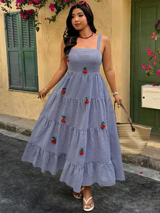 Breezaya فستان نمط جيرسي مكشكش بخصر مخصر وطبعة شكوك الكرز، مقاس كبير