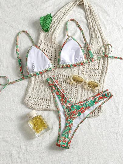 Swim Mod طقم بكيني للنساء ذو أشرطة رفيعة وكشكشة على الحافة العلوية للارتداء في الأيام الصيفية على الشاطئ، مطبوع عشوائيًا بطبعات زهور