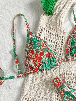 Swim Mod طقم بكيني للنساء ذو أشرطة رفيعة وكشكشة على الحافة العلوية للارتداء في الأيام الصيفية على الشاطئ، مطبوع عشوائيًا بطبعات زهور