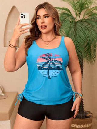 Swim Lushoire بدلة سباحة نساء كبيرة الحجم من قطعتين مطبوعة بشجر النخيل, سروال قصير أسود مزين بكشكشة في الجوانب، ملابس عصرية مناسبة للاستجمام
