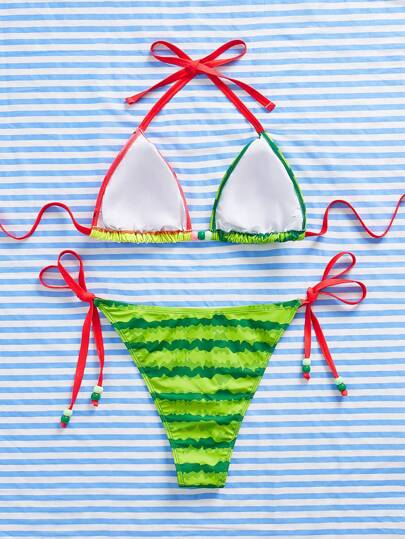 Swim Mod مجموعة ملابس سباحة للمرأة البدينة، بدلة سباحة قطعتين مزينة بطبعة البطيخ الرقيقة، بياقة مربوطة للذهاب إلى الشاطئ أو المنتجع