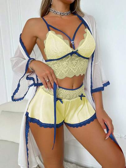 PetitDoll 3 قطعة/مجموعة للمرأة طقم ملابس نوم حريمي لاتكس بتصميم متباين اللون، متميز