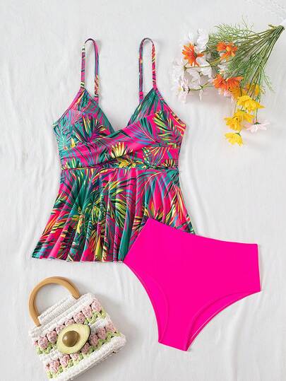 طقم تانكيني حريمي Swim Lushoire مجموعة 2 قطعة ملابس علوية بحرية بحمالات وشورت خصر عالي بطبعة زهور استوائية، مجموعة بيكيني للسباحة للنساء، مناسب لأجواء الصيف والشاطئ