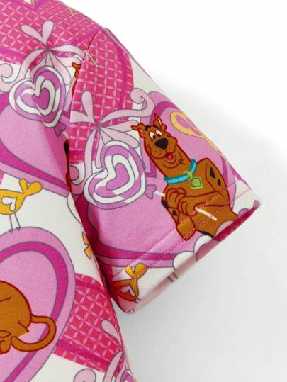 SCOOBY-DOO X  طقم تي شيرت قصير الأكمام وشورت وردي مزخرف بقلوب كرتونية وكلب صغير، لطيف وحلو للطفلة، قطعتان مريحتان