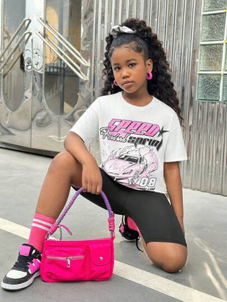 girls-sets بنطلون وتي شيرت فضفاض مطبوع بطباعة سيارة بأسلوب الشارع المريح للبنات في مرحلة المراهقة (مجموعة 2 قطعة)