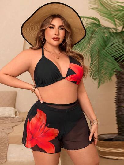 Swim Lushoire مجموعة بيكيني للنساء ذوات المقاسات الكبيرة 3 قطع بألوان متعددة، قطعة علوية ملونة مربوطة الرقبة مع قطعة سفلية صلبة وبنطلون شبكي، ملابس سباحة مثالية للشاطئ والعطلات