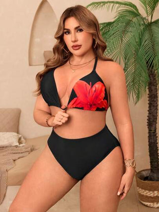 Swim Lushoire مجموعة بيكيني للنساء ذوات المقاسات الكبيرة 3 قطع بألوان متعددة، قطعة علوية ملونة مربوطة الرقبة مع قطعة سفلية صلبة وبنطلون شبكي، ملابس سباحة مثالية للشاطئ والعطلات