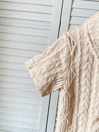 SHEIN Vintaside Kids طقم ملابس وليد حتي سنة، قميص قصير الأكمام وشورت بلون المشمش، قماش مخملي مناسب لارتداء الأطفال في الصيف