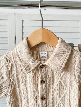 SHEIN Vintaside Kids طقم ملابس وليد حتي سنة، قميص قصير الأكمام وشورت بلون المشمش، قماش مخملي مناسب لارتداء الأطفال في الصيف