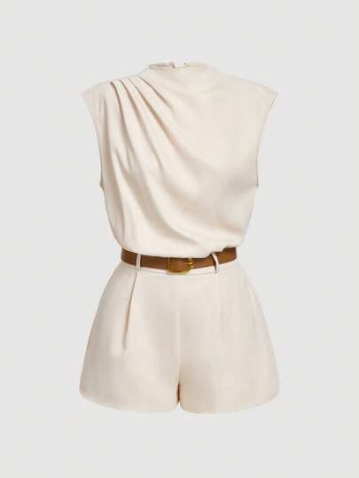SHEIN MOD جمبسوت ذات رقبة عالية بجيب وحزام لون واحد