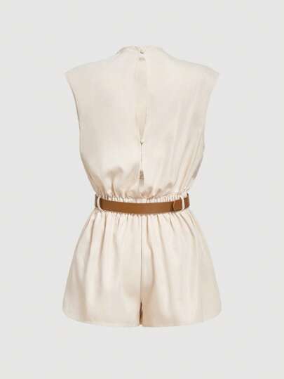 SHEIN MOD جمبسوت ذات رقبة عالية بجيب وحزام لون واحد