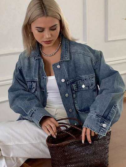 DAZY جاكيت جينز مزينة بجيب ثلاثي الأبعاد للنساء