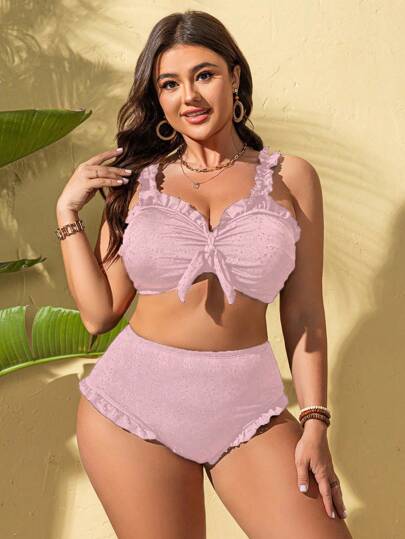 Swim Basics ملابس سباحة مكونة من اثنين قطع عصرية رياضية كاجوال، يناسب الحجوم الكبيرة - أنيقة للسيدات - ملابس علوية برقبة كشفية منسدلة مزينة بالدانتيل وسروال طويل الساق مناسب للعطلات