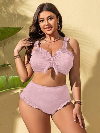 Swim Basics ملابس سباحة مكونة من اثنين قطع عصرية رياضية كاجوال، يناسب الحجوم الكبيرة - أنيقة للسيدات - ملابس علوية برقبة كشفية منسدلة مزينة بالدانتيل وسروال طويل الساق مناسب للعطلات