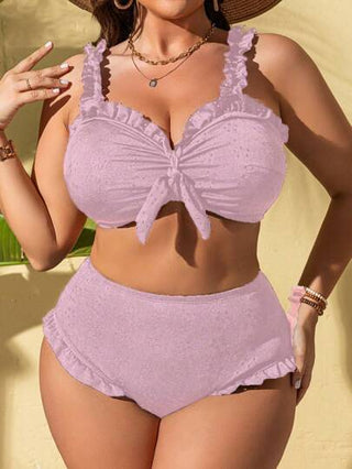 Swim Basics ملابس سباحة مكونة من اثنين قطع عصرية رياضية كاجوال، يناسب الحجوم الكبيرة - أنيقة للسيدات - ملابس علوية برقبة كشفية منسدلة مزينة بالدانتيل وسروال طويل الساق مناسب للعطلات