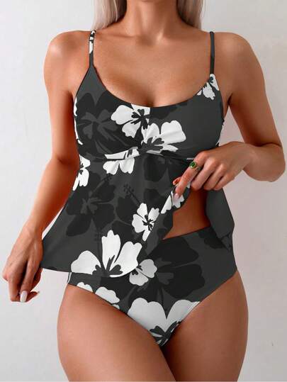 طقم تانكيني حريمي Swim Lushoire طقم سباحة 2 قطعة بحمالات رفيعة وطبعات زهور عشوائية، بلوزة كاجوال وسروال للنساء