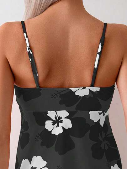 طقم تانكيني حريمي Swim Lushoire طقم سباحة 2 قطعة بحمالات رفيعة وطبعات زهور عشوائية، بلوزة كاجوال وسروال للنساء