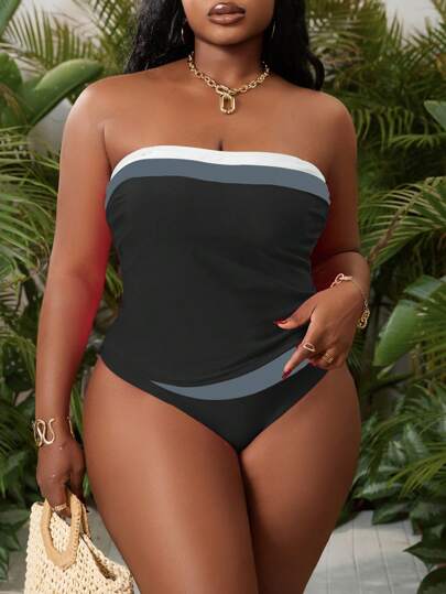 SHEIN Slayr CURVE طقم تانكيني فوق الحجم للمرأة، بخطوط ملونة، قابل للإزالة، مايوه شاطئي عالي المرونة