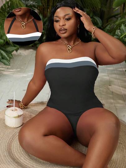 SHEIN Slayr CURVE طقم تانكيني فوق الحجم للمرأة، بخطوط ملونة، قابل للإزالة، مايوه شاطئي عالي المرونة