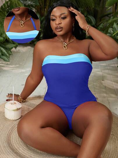 SHEIN Slayr CURVE رداء نسائي بتصميم تانكيني وردي اللون للسيدات البدينات، من طقم ملابس السباحة عالية المرونة للشاطئ والعطلات