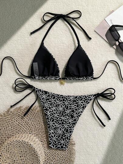 طقم تانكيني حريمي Swim Mod طقم بكيني ذو حمالات سباغيتي مع سراويل قصيرة للسباحة وسيور جانبية، مصنوع من قماش سباحة ذو ملمس مطبوع