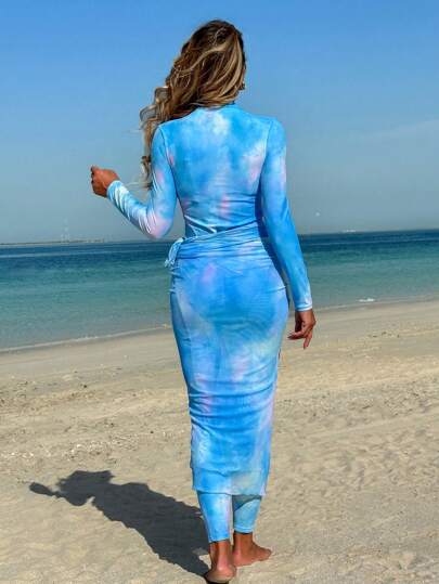 Swim Shayni 3 قطع من الجوان الطويلة الأكمام المطبوعة بطبعة أومبير على الطراز الشرق أوسطي، بنطلون طويل، ومجموعة بوركيني للنساء