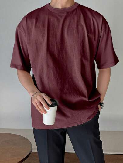 DAZY تي شيرت تشيرت قصير الأكمام ذو رقبة مستديرة للرجال، بلون أحادي، صيفي