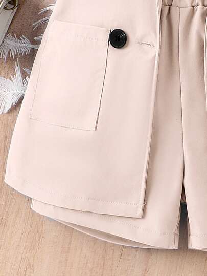 SHEIN Elladie kids 3 قطع مجموعة الأعمال للفتاة الصغيرة: ملابس علوية كشكش أسود محبوك ، وسترة بدون أكمام ، وشورت + قبعة ، مجموعة ملابس المكتب للأطفال