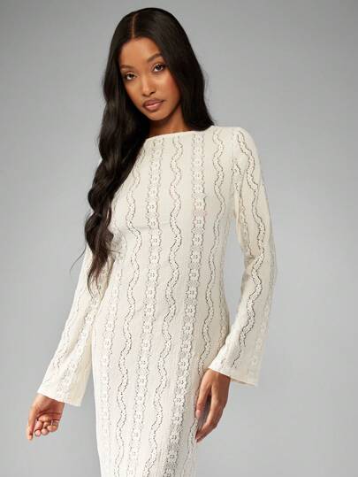 MISSGUIDED فستان كروشيه أنيق كشمير كبير الطول, بأكمام طويلة, مطاطي ربطة خلف, للحفلات الرسمية والحفلات الزفاف والسهرات الصيفية والربيعية، تصميم كلاسيكي