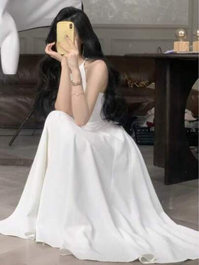 فستان ماكسي أنيق بدون أكمام بخط A لون أحادي للنساء، مناسب للحفلات/أعياد الميلاد، صيفي