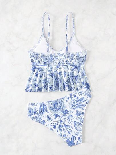 طقم تانكيني حريمي Swim Vcay 2 قطعة من الملابس البحرية (تانكيني) للنساء ، لارتدائها في الشاطئ والمنتجعات الجزرية بطبعة زهور باللون الأزرق والأبيض ، مناسبة للصيف