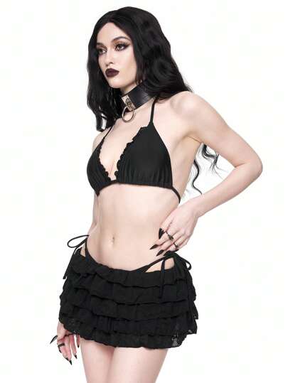 ROMWE Goth طقم بدلة السباحة النسائية 3 قطع، ملابس علوية بيكيني بربطة حول الرقبة، وسروال مثلث والتنورة القصيرة، طراز بسيط وعصري للصيف