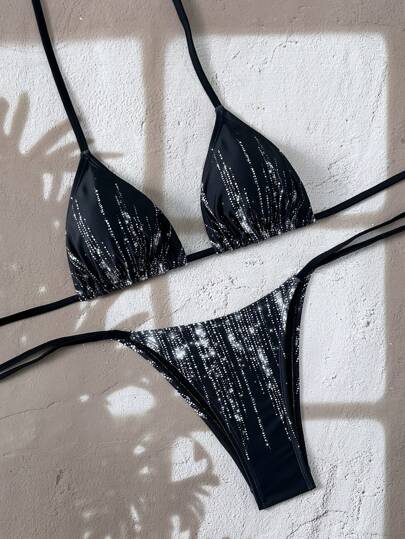 طقم تانكيني حريمي Swim مجموعتين بيكيني من الأعلى بنقشة لامعة والأسفل بخطوط جانبية ، صيفي عصري لأوقات الشاطئ والعطلات