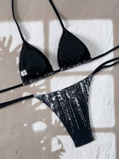 طقم تانكيني حريمي Swim مجموعتين بيكيني من الأعلى بنقشة لامعة والأسفل بخطوط جانبية ، صيفي عصري لأوقات الشاطئ والعطلات