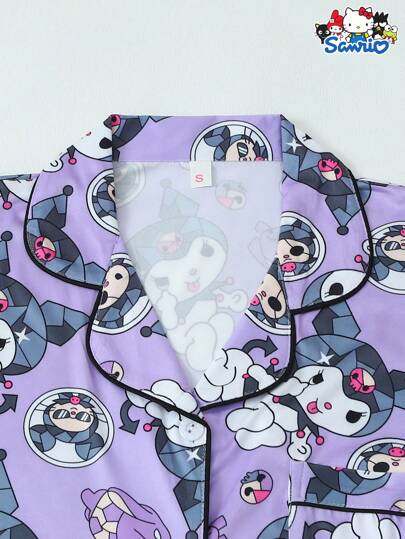 Sanrio جموعة من 2 قطعة لباس نسائي ربيعي وصيفي من تصريح ماركة سانريو KUROMI، قميص بجيب زر وأكمام قصيرة مطبوع وشورت بفيونكة، بيجامة مناسبة للاستخدام المنزلي