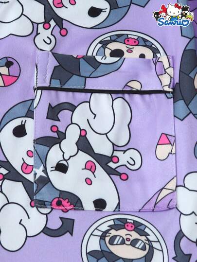 Sanrio جموعة من 2 قطعة لباس نسائي ربيعي وصيفي من تصريح ماركة سانريو KUROMI، قميص بجيب زر وأكمام قصيرة مطبوع وشورت بفيونكة، بيجامة مناسبة للاستخدام المنزلي