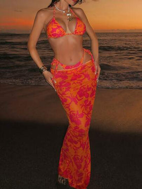 Swim SXY طقم ملابس نسائية 3 قطع لموسم الصيف، يشمل: ملابس علوية قصيرة بحمالات رفيعة مطبوعة ،قطعة سفلية للسباحة مربوطة الجوانب ، وفستان طويل مجموعة بيكيني