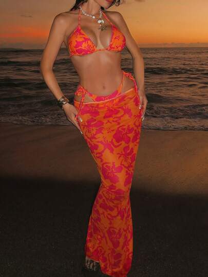 Swim SXY طقم ملابس نسائية 3 قطع لموسم الصيف، يشمل: ملابس علوية قصيرة بحمالات رفيعة مطبوعة ،قطعة سفلية للسباحة مربوطة الجوانب ، وفستان طويل مجموعة بيكيني