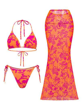 Swim SXY طقم ملابس نسائية 3 قطع لموسم الصيف، يشمل: ملابس علوية قصيرة بحمالات رفيعة مطبوعة ،قطعة سفلية للسباحة مربوطة الجوانب ، وفستان طويل مجموعة بيكيني