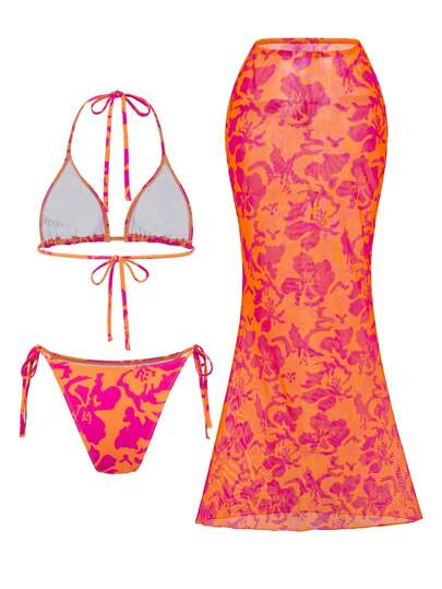 Swim SXY طقم ملابس نسائية 3 قطع لموسم الصيف، يشمل: ملابس علوية قصيرة بحمالات رفيعة مطبوعة ،قطعة سفلية للسباحة مربوطة الجوانب ، وفستان طويل مجموعة بيكيني