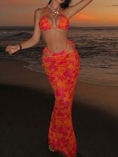 Swim SXY طقم ملابس نسائية 3 قطع لموسم الصيف، يشمل: ملابس علوية قصيرة بحمالات رفيعة مطبوعة ،قطعة سفلية للسباحة مربوطة الجوانب ، وفستان طويل مجموعة بيكيني
